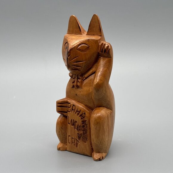 Hand-Carved Wooden Lucky Cat Figurine Maneki Neko | Made in Bahamas - Picture 2 of 11